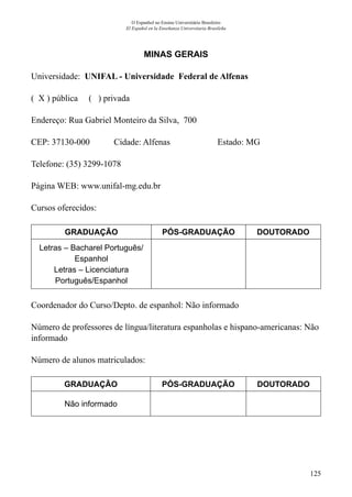 125
O Espanhol no Ensino Universitário Brasileiro
El Español en la Enseñanza Universitaria Brasileña
MINAS GERAIS
Universidade: UNIFAL - Universidade Federal de Alfenas
( X ) pública ( ) privada
Endereço: Rua Gabriel Monteiro da Silva, 700
CEP: 37130-000	 Cidade: Alfenas	 Estado: MG
Telefone: (35) 3299-1078	
Página WEB: www.unifal-mg.edu.br
Cursos oferecidos:
GRADUAÇÃO PÓS-GRADUAÇÃO DOUTORADO
Letras – Bacharel Português/
Espanhol
Letras – Licenciatura
Português/Espanhol
Coordenador do Curso/Depto. de espanhol: Não informado
Número de professores de língua/literatura espanholas e hispano-americanas: Não
informado
Número de alunos matriculados:
GRADUAÇÃO PÓS-GRADUAÇÃO DOUTORADO
Não informado
 