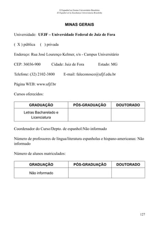 127
O Espanhol no Ensino Universitário Brasileiro
El Español en la Enseñanza Universitaria Brasileña
MINAS GERAIS
Universidade: UFJF – Universidade Federal de Juiz de Fora
( X ) pública ( ) privada
Endereço: Rua José Lourenço Kelmer, s/n - Campus Universitário
CEP: 36036-900	 Cidade: Juiz de Fora	 Estado: MG
Telefone: (32) 2102-3800 E-mail: faleconosco@ufjf.edu.br
Página WEB: www.ufjf.br
Cursos oferecidos:
GRADUAÇÃO PÓS-GRADUAÇÃO DOUTORADO
Letras Bacharelado e
Licenciatura
Coordenador do Curso/Depto. de espanhol:Não informado
Número de professores de língua/literatura espanholas e hispano-americanas: Não
informado
Número de alunos matriculados:
GRADUAÇÃO PÓS-GRADUAÇÃO DOUTORADO
Não informado
 