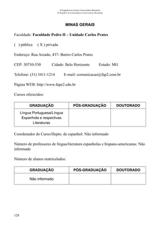 128
O Espanhol no Ensino Universitário Brasileiro
El Español en la Enseñanza Universitaria Brasileña
MINAS GERAIS
Faculdade: Faculdade Pedro II – Unidade Carlos Prates
( ) pública ( X ) privada
Endereço: Rua Areado, 437- Bairro Carlos Prates
CEP: 30710-530	 Cidade: Belo Horizonte	 Estado: MG
Telefone: (31) 3411-1214 E-mail: comunicacao@fap2.com.br
Página WEB: http://www.fape2.edu.br
Cursos oferecidos:
GRADUAÇÃO PÓS-GRADUAÇÃO DOUTORADO
Língua Portuguesa/Língua
Espanhola e respectivas
Literaturas
Coordenador do Curso/Depto. de espanhol: Não informado
Número de professores de língua/literatura espanholas e hispano-americanas: Não
informado
Número de alunos matriculados:
GRADUAÇÃO PÓS-GRADUAÇÃO DOUTORADO
Não informado
 