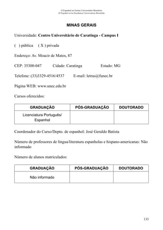 133
O Espanhol no Ensino Universitário Brasileiro
El Español en la Enseñanza Universitaria Brasileña
MINAS GERAIS
Universidade: Centro Universitário de Caratinga - Campus I
( ) pública ( X ) privada
Endereço: Av. Moacir de Matos, 87
CEP: 35300-047	 Cidade: Caratinga	 Estado: MG
Telefone: (33)3329-4516/4537 E-mail: letras@funec.br
Página WEB: www.unec.edu.br
Cursos oferecidos:
GRADUAÇÃO PÓS-GRADUAÇÃO DOUTORADO
Licenciatura Português/
Espanhol
Coordenador do Curso/Depto. de espanhol: José Geraldo Batista
Número de professores de língua/literatura espanholas e hispano-americanas: Não
informado
Número de alunos matriculados:
GRADUAÇÃO PÓS-GRADUAÇÃO DOUTORADO
Não informado
 