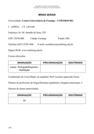 134
O Espanhol no Ensino Universitário Brasileiro
El Español en la Enseñanza Universitaria Brasileña
MINAS GERAIS
Universidade: Centro Universitário de Formiga – UNIFORM/MG
( ) pública ( X ) privada
Endereço: Av. Dr. Arnaldo de Sena, 328
CEP: 35570-000	 Cidade: Formiga	 Estado: MG
Telefone: (037) 3329-1400 E-mail: coordletras@uniformg.edu.br
Página WEB: www.uniformg.edu.br
	
Cursos oferecidos:
GRADUAÇÃO PÓS-GRADUAÇÃO DOUTORADO
Letras - Português/Espanhol -
Habilitação
Coordenador do Curso/Depto. de espanhol: Profª Lucimar Aparecida Torres
Número de professores de língua/literatura espanholas e hispano-americanas: 2
Número de alunos matriculados:
GRADUAÇÃO PÓS-GRADUAÇÃO DOUTORADO
25
 