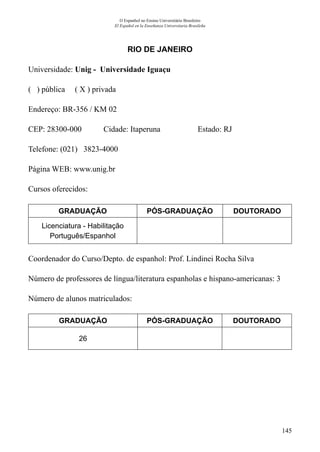 145
O Espanhol no Ensino Universitário Brasileiro
El Español en la Enseñanza Universitaria Brasileña
RIO DE JANEIRO
Universidade: Unig - Universidade Iguaçu
( ) pública ( X ) privada
Endereço: BR-356 / KM 02
CEP: 28300-000	 Cidade: Itaperuna	 Estado: RJ
Telefone: (021) 3823-4000
Página WEB: www.unig.br
Cursos oferecidos:
GRADUAÇÃO PÓS-GRADUAÇÃO DOUTORADO
Licenciatura - Habilitação
Português/Espanhol
Coordenador do Curso/Depto. de espanhol: Prof. Lindinei Rocha Silva
Número de professores de língua/literatura espanholas e hispano-americanas: 3
Número de alunos matriculados:
GRADUAÇÃO PÓS-GRADUAÇÃO DOUTORADO
26
 