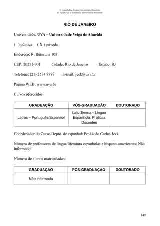 149
O Espanhol no Ensino Universitário Brasileiro
El Español en la Enseñanza Universitaria Brasileña
RIO DE JANEIRO
Universidade: UVA – Universidade Veiga de Almeida
( ) pública ( X ) privada
Endereço: R. Ibituruna 108
CEP: 20271-901	 Cidade: Rio de Janeiro	 Estado: RJ
Telefone: (21) 2574 8888 E-mail: jeck@uva.br
Página WEB: www.uva.br
Cursos oferecidos:
GRADUAÇÃO PÓS-GRADUAÇÃO DOUTORADO
Letras – Português/Espanhol
Lato Sensu – Língua
Espanhola: Práticas
Docentes
Coordenador do Curso/Depto. de espanhol: Prof.João Carlos Jeck 
Número de professores de língua/literatura espanholas e hispano-americanas: Não
informado
Número de alunos matriculados:
GRADUAÇÃO PÓS-GRADUAÇÃO DOUTORADO
Não informado
 
