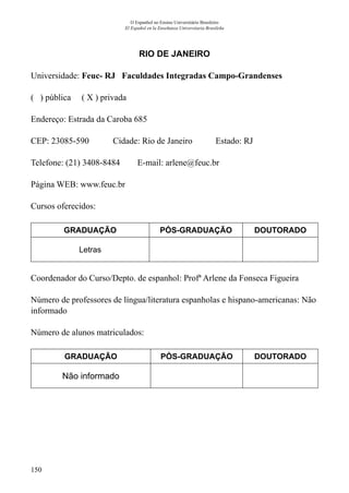 150
O Espanhol no Ensino Universitário Brasileiro
El Español en la Enseñanza Universitaria Brasileña
RIO DE JANEIRO
Universidade: Feuc- RJ Faculdades Integradas Campo-Grandenses
( ) pública ( X ) privada
Endereço: Estrada da Caroba 685
CEP: 23085-590	 Cidade: Rio de Janeiro	 Estado: RJ
Telefone: (21) 3408-8484 E-mail: arlene@feuc.br
Página WEB: www.feuc.br
Cursos oferecidos:
GRADUAÇÃO PÓS-GRADUAÇÃO DOUTORADO
Letras
Coordenador do Curso/Depto. de espanhol: Profª Arlene da Fonseca Figueira
Número de professores de língua/literatura espanholas e hispano-americanas: Não
informado
Número de alunos matriculados:
GRADUAÇÃO PÓS-GRADUAÇÃO DOUTORADO
Não informado
 