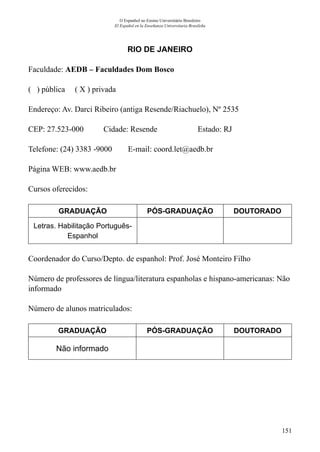 151
O Espanhol no Ensino Universitário Brasileiro
El Español en la Enseñanza Universitaria Brasileña
RIO DE JANEIRO
Faculdade: AEDB – Faculdades Dom Bosco
( ) pública ( X ) privada
Endereço: Av. Darci Ribeiro (antiga Resende/Riachuelo), Nº 2535
CEP: 27.523-000	 Cidade: Resende	 Estado: RJ
Telefone: (24) 3383 -9000 E-mail: coord.let@aedb.br
Página WEB: www.aedb.br
Cursos oferecidos:
GRADUAÇÃO PÓS-GRADUAÇÃO DOUTORADO
Letras. Habilitação Português-
Espanhol
Coordenador do Curso/Depto. de espanhol: Prof. José Monteiro Filho
Número de professores de língua/literatura espanholas e hispano-americanas: Não
informado
Número de alunos matriculados:
GRADUAÇÃO PÓS-GRADUAÇÃO DOUTORADO
Não informado
 