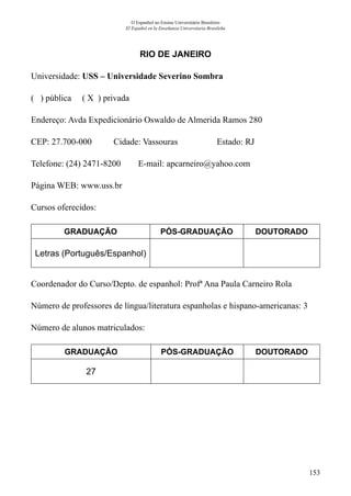 153
O Espanhol no Ensino Universitário Brasileiro
El Español en la Enseñanza Universitaria Brasileña
RIO DE JANEIRO
Universidade: USS – Universidade Severino Sombra
( ) pública ( X ) privada
Endereço: Avda Expedicionário Oswaldo de Almerida Ramos 280
CEP: 27.700-000	 Cidade: Vassouras	 Estado: RJ
Telefone: (24) 2471-8200 E-mail: apcarneiro@yahoo.com
Página WEB: www.uss.br
Cursos oferecidos:
GRADUAÇÃO PÓS-GRADUAÇÃO DOUTORADO
Letras (Português/Espanhol)
Coordenador do Curso/Depto. de espanhol: Profª Ana Paula Carneiro Rola
Número de professores de língua/literatura espanholas e hispano-americanas: 3
Número de alunos matriculados:
GRADUAÇÃO PÓS-GRADUAÇÃO DOUTORADO
27
 