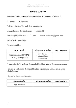 154
O Espanhol no Ensino Universitário Brasileiro
El Español en la Enseñanza Universitaria Brasileña
RIO DE JANEIRO
Faculdade: FAFIC – Faculdade de Filosofia de Campos - Campus II.
( ) pública ( X ) privada
Endereço: Avenida Visconde de Alvarenga s/nº
Cidade: Campos dos Goytacazes Estado: RJ
Telefone: (22) 2732-4630 / 2732-2090 E-mail: letrasfafic@gmail.com
Página WEB: www.ffc.br
Cursos oferecidos:
GRADUAÇÃO PÓS-GRADUAÇÃO DOUTORADO
Licenciatura em LETRAS-
Português/Espanhol
Lato Sensu:
Letras - Língua
Espanhola
Coordenador do Curso/Depto. de espanhol: Prof.João Vicente Gomes de Alvarenga
Número de professores de língua/literatura espanholas e hispano-americanas:
Não informado
Número de alunos matriculados:
GRADUAÇÃO PÓS-GRADUAÇÃO DOUTORADO
Não informado
 