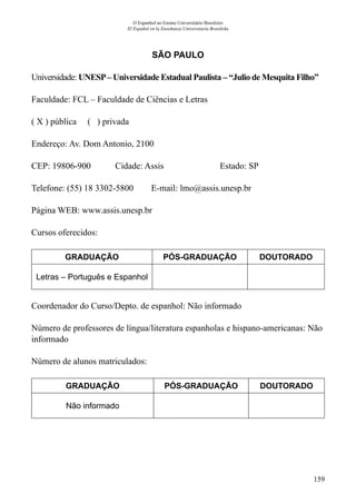 159
O Espanhol no Ensino Universitário Brasileiro
El Español en la Enseñanza Universitaria Brasileña
SÃO PAULO
Universidade: UNESP– Universidade Estadual Paulista – “Julio de Mesquita Filho”
Faculdade: FCL – Faculdade de Ciências e Letras
( X ) pública ( ) privada
Endereço: Av. Dom Antonio, 2100
CEP: 19806-900	 Cidade: Assis	 Estado: SP
Telefone: (55) 18 3302-5800 E-mail: lmo@assis.unesp.br
Página WEB: www.assis.unesp.br
Cursos oferecidos:
GRADUAÇÃO PÓS-GRADUAÇÃO DOUTORADO
Letras – Português e Espanhol
Coordenador do Curso/Depto. de espanhol: Não informado
Número de professores de língua/literatura espanholas e hispano-americanas: Não
informado
Número de alunos matriculados:
GRADUAÇÃO PÓS-GRADUAÇÃO DOUTORADO
Não informado
 