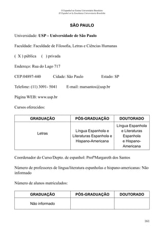 161
O Espanhol no Ensino Universitário Brasileiro
El Español en la Enseñanza Universitaria Brasileña
SÃO PAULO
Universidade: USP – Universidade de São Paulo
Faculdade: Faculdade de Filosofia, Letras e Ciências Humanas
( X ) pública ( ) privada
Endereço: Rua do Lago 717
CEP:04897-440	 Cidade: São Paulo	 Estado: SP
Telefone: (11) 3091- 5041 E-mail: marsantos@usp.br
Página WEB: www.usp.br
Cursos oferecidos:
GRADUAÇÃO PÓS-GRADUAÇÃO DOUTORADO
Letras
Língua Espanhola e
Literaturas Espanhola e
Hispano-Americana
Língua Espanhola
e Literaturas
Espanhola
e Hispano-
Americana
Coordenador do Curso/Depto. de espanhol: ProfªMargareth dos Santos
Número de professores de língua/literatura espanholas e hispano-americanas: Não
informado
Número de alunos matriculados:
GRADUAÇÃO PÓS-GRADUAÇÃO DOUTORADO
Não informado
 