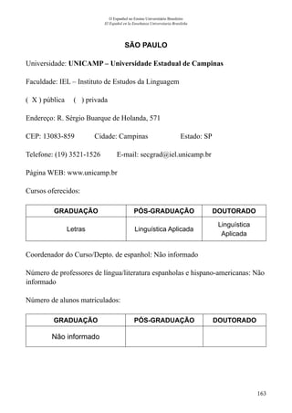 163
O Espanhol no Ensino Universitário Brasileiro
El Español en la Enseñanza Universitaria Brasileña
SÃO PAULO
Universidade: UNICAMP – Universidade Estadual de Campinas
Faculdade: IEL – Instituto de Estudos da Linguagem
( X ) pública ( ) privada
Endereço: R. Sérgio Buarque de Holanda, 571
CEP: 13083-859	 Cidade: Campinas	 Estado: SP
Telefone: (19) 3521-1526 E-mail: secgrad@iel.unicamp.br
Página WEB: www.unicamp.br
Cursos oferecidos:
GRADUAÇÃO PÓS-GRADUAÇÃO DOUTORADO
Letras Linguística Aplicada
Linguística
Aplicada
Coordenador do Curso/Depto. de espanhol: Não informado
Número de professores de língua/literatura espanholas e hispano-americanas: Não
informado
Número de alunos matriculados:
GRADUAÇÃO PÓS-GRADUAÇÃO DOUTORADO
Não informado
 