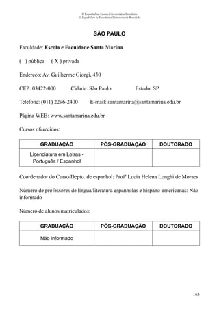 165
O Espanhol no Ensino Universitário Brasileiro
El Español en la Enseñanza Universitaria Brasileña
SÃO PAULO
Faculdade: Escola e Faculdade Santa Marina
( ) pública ( X ) privada
Endereço: Av. Guilherme Giorgi, 430
CEP: 03422-000	 Cidade: São Paulo	 Estado: SP
Telefone: (011) 2296-2400 E-mail: santamarina@santamarina.edu.br
Página WEB: www.santamarina.edu.br
Cursos oferecidos:
GRADUAÇÃO PÓS-GRADUAÇÃO DOUTORADO
Licenciatura em Letras -
Português / Espanhol
Coordenador do Curso/Depto. de espanhol: Profª Lucia Helena Longhi de Moraes
Número de professores de língua/literatura espanholas e hispano-americanas: Não
informado
Número de alunos matriculados:
GRADUAÇÃO PÓS-GRADUAÇÃO DOUTORADO
Não informado
 