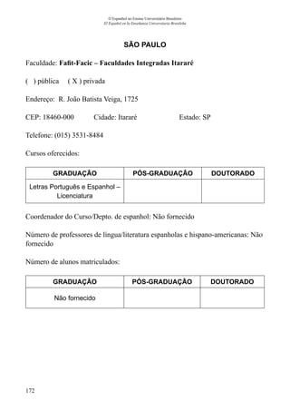 172
O Espanhol no Ensino Universitário Brasileiro
El Español en la Enseñanza Universitaria Brasileña
SÃO PAULO
Faculdade: Fafit-Facic – Faculdades Integradas Itararé
( ) pública ( X ) privada
Endereço: R. João Batista Veiga, 1725
CEP: 18460-000	 Cidade: Itararé	 Estado: SP
Telefone: (015) 3531-8484	
Cursos oferecidos:
GRADUAÇÃO PÓS-GRADUAÇÃO DOUTORADO
Letras Português e Espanhol –
Licenciatura
Coordenador do Curso/Depto. de espanhol: Não fornecido
Número de professores de língua/literatura espanholas e hispano-americanas: Não
fornecido
Número de alunos matriculados:
GRADUAÇÃO PÓS-GRADUAÇÃO DOUTORADO
Não fornecido
 