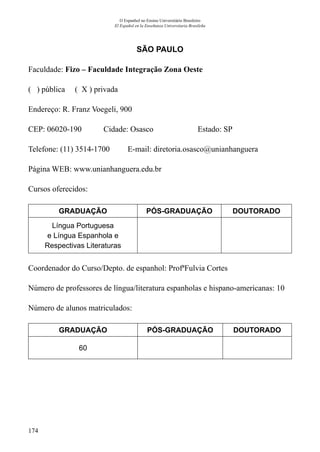 174
O Espanhol no Ensino Universitário Brasileiro
El Español en la Enseñanza Universitaria Brasileña
SÃO PAULO
Faculdade: Fizo – Faculdade Integração Zona Oeste
( ) pública ( X ) privada
Endereço: R. Franz Voegeli, 900
CEP: 06020-190	 Cidade: Osasco	 Estado: SP
Telefone: (11) 3514-1700 E-mail: diretoria.osasco@unianhanguera
Página WEB: www.unianhanguera.edu.br
Cursos oferecidos:
GRADUAÇÃO PÓS-GRADUAÇÃO DOUTORADO
Língua Portuguesa
e Língua Espanhola e
Respectivas Literaturas
Coordenador do Curso/Depto. de espanhol: ProfªFulvia Cortes
Número de professores de língua/literatura espanholas e hispano-americanas: 10
Número de alunos matriculados:
GRADUAÇÃO PÓS-GRADUAÇÃO DOUTORADO
60
 
