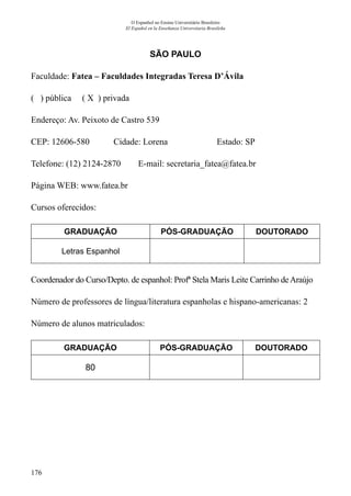176
O Espanhol no Ensino Universitário Brasileiro
El Español en la Enseñanza Universitaria Brasileña
SÃO PAULO
Faculdade: Fatea – Faculdades Integradas Teresa D’Ávila
( ) pública ( X ) privada
Endereço: Av. Peixoto de Castro 539
CEP: 12606-580	 Cidade: Lorena	 Estado: SP
Telefone: (12) 2124-2870 E-mail: secretaria_fatea@fatea.br
Página WEB: www.fatea.br
Cursos oferecidos:
GRADUAÇÃO PÓS-GRADUAÇÃO DOUTORADO
Letras Espanhol
Coordenador do Curso/Depto. de espanhol: Profª Stela Maris Leite Carrinho deAraújo
Número de professores de língua/literatura espanholas e hispano-americanas: 2
Número de alunos matriculados:
GRADUAÇÃO PÓS-GRADUAÇÃO DOUTORADO
80
 