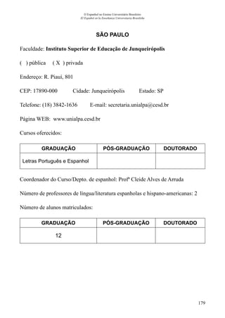 179
O Espanhol no Ensino Universitário Brasileiro
El Español en la Enseñanza Universitaria Brasileña
SÃO PAULO
Faculdade: Instituto Superior de Educação de Junqueirópolis
( ) pública ( X ) privada
Endereço: R. Piauí, 801
CEP: 17890-000	 Cidade: Junqueirópolis	 Estado: SP
Telefone: (18) 3842-1636 E-mail: secretaria.unialpa@cesd.br
Página WEB: www.unialpa.cesd.br
Cursos oferecidos:
GRADUAÇÃO PÓS-GRADUAÇÃO DOUTORADO
Letras Português e Espanhol
Coordenador do Curso/Depto. de espanhol: Profª Cleide Alves de Arruda
Número de professores de língua/literatura espanholas e hispano-americanas: 2
Número de alunos matriculados:
GRADUAÇÃO PÓS-GRADUAÇÃO DOUTORADO
12
 