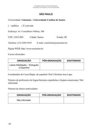 188
O Espanhol no Ensino Universitário Brasileiro
El Español en la Enseñanza Universitaria Brasileña
SÃO PAULO
Universidade: Unisantos – Universidade Católica de Santos
( ) pública ( X ) privada
Endereço: Av. Conselheiro Nébias, 300
CEP: 11015-003	 Cidade: Santos 	 Estado: SP
Telefone: (13) 3205-5555 E-mail: coord.letra@unisantos.br
Página WEB: http://www.unisantos.br
Cursos oferecidos:
GRADUAÇÃO PÓS-GRADUAÇÃO DOUTORADO
Letras Habilitação - Português
e Espanhol
Coordenador do Curso/Depto. de espanhol: Prof. Christian Ares Lapo
Número de professores de língua/literatura espanholas e hispano-americanas: Não
informado
Número de alunos matriculados:
GRADUAÇÃO PÓS-GRADUAÇÃO DOUTORADO
Não informado
 