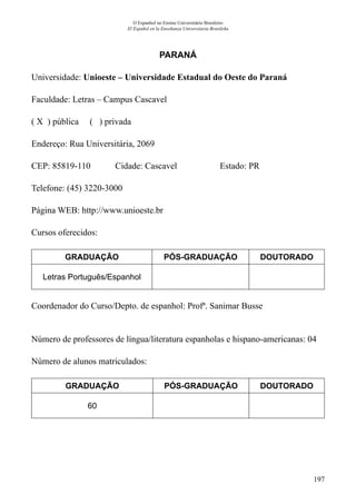 197
O Espanhol no Ensino Universitário Brasileiro
El Español en la Enseñanza Universitaria Brasileña
PARANÁ
Universidade: Unioeste – Universidade Estadual do Oeste do Paraná
Faculdade: Letras – Campus Cascavel
( X ) pública ( ) privada
Endereço: Rua Universitária, 2069
CEP: 85819-110	 Cidade: Cascavel 	 Estado: PR
Telefone: (45) 3220-3000	
Página WEB: http://www.unioeste.br
Cursos oferecidos:
GRADUAÇÃO PÓS-GRADUAÇÃO DOUTORADO
Letras Português/Espanhol
Coordenador do Curso/Depto. de espanhol: Profª. Sanimar Busse
Número de professores de língua/literatura espanholas e hispano-americanas: 04
Número de alunos matriculados:
GRADUAÇÃO PÓS-GRADUAÇÃO DOUTORADO
60
 