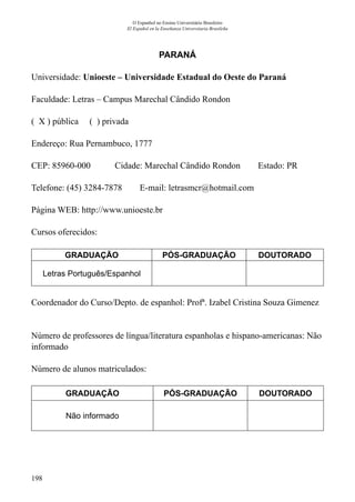 198
O Espanhol no Ensino Universitário Brasileiro
El Español en la Enseñanza Universitaria Brasileña
PARANÁ
Universidade: Unioeste – Universidade Estadual do Oeste do Paraná
Faculdade: Letras – Campus Marechal Cândido Rondon
( X ) pública ( ) privada
Endereço: Rua Pernambuco, 1777
CEP: 85960-000	 Cidade: Marechal Cândido Rondon Estado: PR
Telefone: (45) 3284-7878 E-mail: letrasmcr@hotmail.com
Página WEB: http://www.unioeste.br
Cursos oferecidos:
GRADUAÇÃO PÓS-GRADUAÇÃO DOUTORADO
Letras Português/Espanhol
Coordenador do Curso/Depto. de espanhol: Profª. Izabel Cristina Souza Gimenez
Número de professores de língua/literatura espanholas e hispano-americanas: Não
informado
Número de alunos matriculados:
GRADUAÇÃO PÓS-GRADUAÇÃO DOUTORADO
Não informado
 