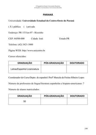 199
O Espanhol no Ensino Universitário Brasileiro
El Español en la Enseñanza Universitaria Brasileña
PARANÁ
Universidade: Universidade Estadual do Centro-Oeste do Paraná
( X ) pública ( ) privada
Endereço: PR 153 km 07 - Riozinho
CEP: 84500-000	 Cidade: Irati	 Estado:PR
Telefone: (42) 3421-3000 	
Página WEB: http://www.unicentro.br
Cursos oferecidos:
GRADUAÇÃO PÓS-GRADUAÇÃO DOUTORADO
Letras/Espanhol Licenciatura
Coordenador do Curso/Depto. de espanhol: Profª Marcela de Freitas Ribeiro Lopes
Número de professores de língua/literatura espanholas e hispano-americanas: 7
Número de alunos matriculados:
GRADUAÇÃO PÓS-GRADUAÇÃO DOUTORADO
50
 