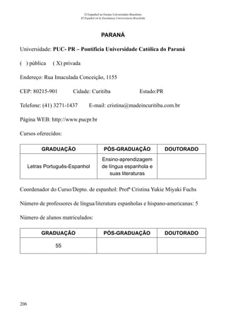 206
O Espanhol no Ensino Universitário Brasileiro
El Español en la Enseñanza Universitaria Brasileña
PARANÁ
Universidade: PUC- PR – Pontifícia Universidade Católica do Paraná
( ) pública ( X) privada
Endereço: Rua Imaculada Conceição, 1155
CEP: 80215-901	 Cidade: Curitiba	 Estado:PR
Telefone: (41) 3271-1437 E-mail: cristina@madeincuritiba.com.br
Página WEB: http://www.pucpr.br
Cursos oferecidos:
GRADUAÇÃO PÓS-GRADUAÇÃO DOUTORADO
Letras Português-Espanhol
Ensino-aprendizagem
de língua espanhola e
suas literaturas
Coordenador do Curso/Depto. de espanhol: Profª Cristina Yukie Miyaki Fuchs
Número de professores de língua/literatura espanholas e hispano-americanas: 5
Número de alunos matriculados:
GRADUAÇÃO PÓS-GRADUAÇÃO DOUTORADO
55
 
