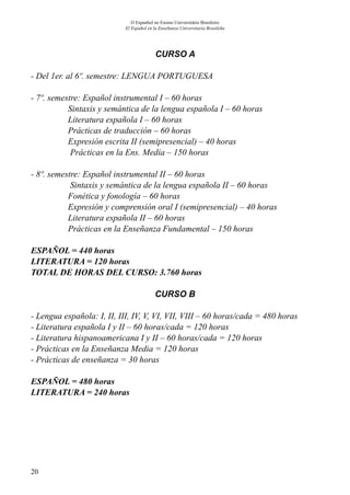 20
O Espanhol no Ensino Universitário Brasileiro
El Español en la Enseñanza Universitaria Brasileña
CURSO A
- Del 1er. al 6º. semestre: LENGUA PORTUGUESA
- 7º. semestre: Español instrumental I – 60 horas
Sintaxis y semántica de la lengua española I – 60 horas
Literatura española I – 60 horas
Prácticas de traducción – 60 horas
Expresión escrita II (semipresencial) – 40 horas
Prácticas en la Ens. Media – 150 horas
- 8º. semestre: Español instrumental II – 60 horas
Sintaxis y semántica de la lengua española II – 60 horas
Fonética y fonología – 60 horas
Expresión y comprensión oral I (semipresencial) – 40 horas
Literatura española II – 60 horas
Prácticas en la Enseñanza Fundamental – 150 horas
ESPAÑOL = 440 horas
LITERATURA = 120 horas
TOTAL DE HORAS DEL CURSO: 3.760 horas
CURSO B
- Lengua española: I, II, III, IV, V, VI, VII, VIII – 60 horas/cada = 480 horas
- Literatura española I y II – 60 horas/cada = 120 horas
- Literatura hispanoamericana I y II – 60 horas/cada = 120 horas
- Prácticas en la Enseñanza Media = 120 horas
- Prácticas de enseñanza = 30 horas
ESPAÑOL = 480 horas
LITERATURA = 240 horas
 