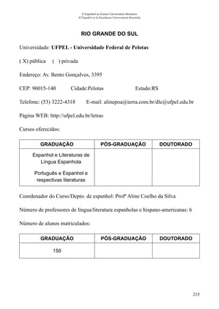 215
O Espanhol no Ensino Universitário Brasileiro
El Español en la Enseñanza Universitaria Brasileña
RIO GRANDE DO SUL
Universidade: UFPEL - Universidade Federal de Pelotas
( X) pública ( ) privada
Endereço: Av. Bento Gonçalves, 3395
CEP: 96015-140	 Cidade:Pelotas	 Estado:RS
Telefone: (53) 3222-4318 E-mail: alinepoa@terra.com.br/dle@ufpel.edu.br
Página WEB: http://ufpel.edu.br/letras
Cursos oferecidos:
GRADUAÇÃO PÓS-GRADUAÇÃO DOUTORADO
Espanhol e Literaturas de
Língua Espanhola
Português e Espanhol e
respectivas literaturas
Coordenador do Curso/Depto. de espanhol: Profª Aline Coelho da Silva
Número de professores de língua/literatura espanholas e hispano-americanas: 6
Número de alunos matriculados:
GRADUAÇÃO PÓS-GRADUAÇÃO DOUTORADO
150
 