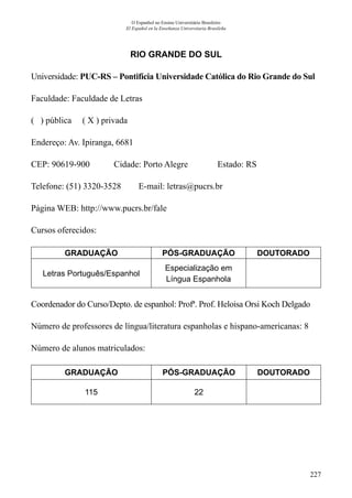 227
O Espanhol no Ensino Universitário Brasileiro
El Español en la Enseñanza Universitaria Brasileña
RIO GRANDE DO SUL
Universidade: PUC-RS – Pontifícia Universidade Católica do Rio Grande do Sul
Faculdade: Faculdade de Letras
( ) pública ( X ) privada
Endereço: Av. Ipiranga, 6681
CEP: 90619-900	 Cidade: Porto Alegre	 Estado: RS
Telefone: (51) 3320-3528 E-mail: letras@pucrs.br
Página WEB: http://www.pucrs.br/fale
Cursos oferecidos:
GRADUAÇÃO PÓS-GRADUAÇÃO DOUTORADO
Letras Português/Espanhol
Especialização em
Língua Espanhola
Coordenador do Curso/Depto. de espanhol: Profª. Prof. Heloisa Orsi Koch Delgado
Número de professores de língua/literatura espanholas e hispano-americanas: 8
Número de alunos matriculados:
GRADUAÇÃO PÓS-GRADUAÇÃO DOUTORADO
115 22
 