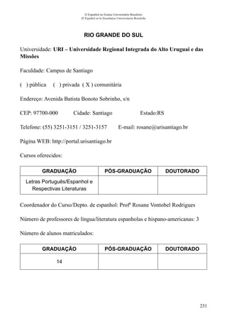 231
O Espanhol no Ensino Universitário Brasileiro
El Español en la Enseñanza Universitaria Brasileña
RIO GRANDE DO SUL
Universidade: URI – Universidade Regional Integrada do Alto Uruguai e das
Missões
Faculdade: Campus de Santiago
( ) pública ( ) privada ( X ) comunitária
Endereço: Avenida Batista Bonoto Sobrinho, s/n
CEP: 97700-000	 Cidade: Santiago	 Estado:RS
Telefone: (55) 3251-3151 / 3251-3157 E-mail: rosane@urisantiago.br
Página WEB: http://portal.urisantiago.br
Cursos oferecidos:
GRADUAÇÃO PÓS-GRADUAÇÃO DOUTORADO
Letras Português/Espanhol e
Respectivas Literaturas
Coordenador do Curso/Depto. de espanhol: Profª Rosane Vontobel Rodrigues
Número de professores de língua/literatura espanholas e hispano-americanas: 3
Número de alunos matriculados:
GRADUAÇÃO PÓS-GRADUAÇÃO DOUTORADO
14
 