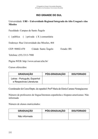 232
O Espanhol no Ensino Universitário Brasileiro
El Español en la Enseñanza Universitaria Brasileña
RIO GRANDE DO SUL
Universidade: URI – Universidade Regional Integrada do Alto Uruguai e das
Missões
Faculdade: Campus de Santo Ângelo
( ) pública ( ) privada ( X ) comunitária
Endereço: Rua Universidade das Missões, 464
CEP: 98802-470	 Cidade: Santo Ângelo	 Estado: RS
Telefone: (55) 3313-7900 	
Página WEB: http://www.urisan.tche.br/
Cursos oferecidos:
GRADUAÇÃO PÓS-GRADUAÇÃO DOUTORADO
Letras - Português, Espanhol
e Respectivas Literaturas
Coordenador do Curso/Depto. de espanhol: Profª Maria da Gloria Caetano Notargiacomo
Número de professores de língua/literatura espanholas e hispano-americanas: Não
informado
Número de alunos matriculados:
GRADUAÇÃO PÓS-GRADUAÇÃO DOUTORADO
Não informado
 