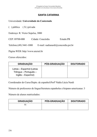 236
O Espanhol no Ensino Universitário Brasileiro
El Español en la Enseñanza Universitaria Brasileña
SANTA CATARINA
Universidade: Universidade do Contestado
( ) pública ( X ) privada
Endereço: R. Victor Sopelsa, 3000
CEP: 89700-000	 Cidade: Concórdia	 Estado:PR
Telefone:(49) 3441-1000 E-mail: nadianardi@concordia.psi.br
Página WEB: http://www.uncnet.br
Cursos oferecidos:
GRADUAÇÃO PÓS-GRADUAÇÃO DOUTORADO
Letras – Espanhol (Letras
Trilingue – Português –
Inglês – Espanhol)
Coordenador do Curso/Depto. de espanhol:Profª Nádia Lúcia Nardi
Número de professores de língua/literatura espanholas e hispano-americanas: 3
Número de alunos matriculados:
GRADUAÇÃO PÓS-GRADUAÇÃO DOUTORADO
11
 