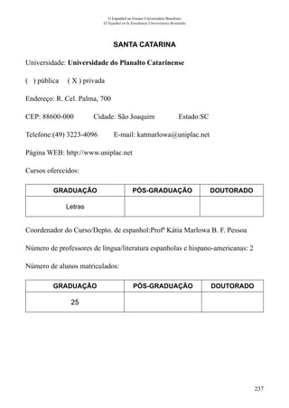 237
O Espanhol no Ensino Universitário Brasileiro
El Español en la Enseñanza Universitaria Brasileña
SANTA CATARINA
Universidade: Universidade do Planalto Catarinense
( ) pública ( X ) privada
Endereço: R. Cel. Palma, 700
CEP: 88600-000	 Cidade: São Joaquim 	 Estado:SC
Telefone:(49) 3223-4096 E-mail: katmarlowa@uniplac.net
Página WEB: http://www.uniplac.net
Cursos oferecidos:
GRADUAÇÃO PÓS-GRADUAÇÃO DOUTORADO
Letras
Coordenador do Curso/Depto. de espanhol:Profª Kátia Marlowa B. F. Pessoa
Número de professores de língua/literatura espanholas e hispano-americanas: 2
Número de alunos matriculados:
GRADUAÇÃO PÓS-GRADUAÇÃO DOUTORADO
25
 