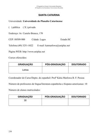 238
O Espanhol no Ensino Universitário Brasileiro
El Español en la Enseñanza Universitaria Brasileña
SANTA CATARINA
Universidade: Universidade do Planalto Catarinense
( ) pública ( X ) privada
Endereço: Av. Castelo Branco, 170
CEP: 88509-900	 Cidade: Lages	 Estado:SC
Telefone:(49) 3251-1022 E-mail: katmarlowa@uniplac.net
Página WEB: http://www.uniplac.net
Cursos oferecidos:
GRADUAÇÃO PÓS-GRADUAÇÃO DOUTORADO
Letras
Coordenador do Curso/Depto. de espanhol: Profª Kátia Marlowa B. F. Pessoa
Número de professores de língua/literatura espanholas e hispano-americanas: 10
Número de alunos matriculados:
GRADUAÇÃO PÓS-GRADUAÇÃO DOUTORADO
30
 