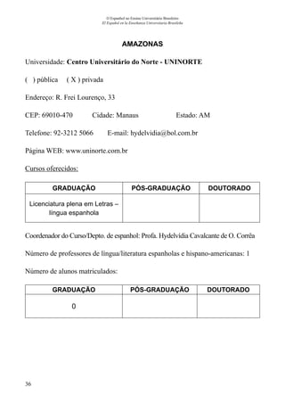 36
O Espanhol no Ensino Universitário Brasileiro
El Español en la Enseñanza Universitaria Brasileña
AMAZONAS
Universidade: Centro Universitário do Norte - UNINORTE
( ) pública ( X ) privada
Endereço: R. Frei Lourenço, 33
CEP: 69010-470	 Cidade: Manaus	 Estado: AM
Telefone: 92-3212 5066 E-mail: hydelvidia@bol.com.br
Página WEB: www.uninorte.com.br
Cursos oferecidos:
GRADUAÇÃO PÓS-GRADUAÇÃO DOUTORADO
Licenciatura plena em Letras –
língua espanhola
Coordenador do Curso/Depto. de espanhol: Profa. Hydelvídia Cavalcante de O. Corrêa
Número de professores de língua/literatura espanholas e hispano-americanas: 1
Número de alunos matriculados:
GRADUAÇÃO PÓS-GRADUAÇÃO DOUTORADO
0
 
