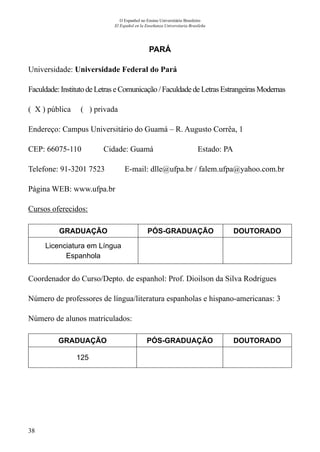 38
O Espanhol no Ensino Universitário Brasileiro
El Español en la Enseñanza Universitaria Brasileña
PARÁ
Universidade: Universidade Federal do Pará
Faculdade: Instituto deLetraseComunicação/FaculdadedeLetrasEstrangeirasModernas
( X ) pública ( ) privada
Endereço: Campus Universitário do Guamá – R. Augusto Corrêa, 1
CEP: 66075-110	 Cidade: Guamá	 Estado: PA
Telefone: 91-3201 7523 E-mail: dlle@ufpa.br / falem.ufpa@yahoo.com.br
Página WEB: www.ufpa.br
Cursos oferecidos:
GRADUAÇÃO PÓS-GRADUAÇÃO DOUTORADO
Licenciatura em Língua
Espanhola
Coordenador do Curso/Depto. de espanhol: Prof. Dioilson da Silva Rodrigues
Número de professores de língua/literatura espanholas e hispano-americanas: 3
Número de alunos matriculados:
GRADUAÇÃO PÓS-GRADUAÇÃO DOUTORADO
125
 