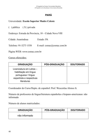 40
O Espanhol no Ensino Universitário Brasileiro
El Español en la Enseñanza Universitaria Brasileña
PARÁ
Universidade: Escola Superior Madre Celeste
( ) pública ( X ) privada
Endereço: Estrada da Província, 10 – Cidade Nova VIII
Cidade: Ananindeua	 Estado: PA
Telefone: 91-3273 1558 E-mail: esmac@esmac.com.br
Página WEB: www.esmac.com.br
Cursos oferecidos:
GRADUAÇÃO PÓS-GRADUAÇÃO DOUTORADO
Licenciatura em Letras –
habilitação em língua
portuguesa / língua
espanhola e respectivas
literaturas
Coordenador do Curso/Depto. de espanhol: Prof. Wescenlau Alonso Jr.
Número de professores de língua/literatura espanholas e hispano-americanas: não
informado
Número de alunos matriculados:
GRADUAÇÃO PÓS-GRADUAÇÃO DOUTORADO
não informado
 