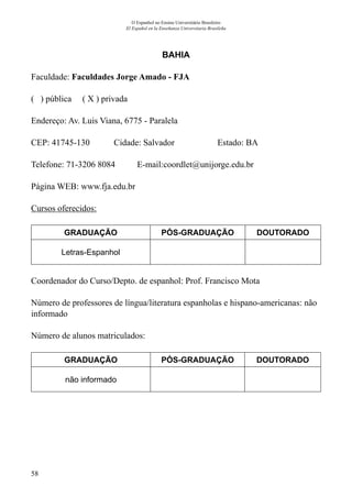 58
O Espanhol no Ensino Universitário Brasileiro
El Español en la Enseñanza Universitaria Brasileña
BAHIA
Faculdade: Faculdades Jorge Amado - FJA
( ) pública ( X ) privada
Endereço: Av. Luis Viana, 6775 - Paralela
CEP: 41745-130	 Cidade: Salvador	 Estado: BA
Telefone: 71-3206 8084 E-mail:coordlet@unijorge.edu.br
Página WEB: www.fja.edu.br
Cursos oferecidos:
GRADUAÇÃO PÓS-GRADUAÇÃO DOUTORADO
Letras-Espanhol
Coordenador do Curso/Depto. de espanhol: Prof. Francisco Mota
Número de professores de língua/literatura espanholas e hispano-americanas: não
informado
Número de alunos matriculados:
GRADUAÇÃO PÓS-GRADUAÇÃO DOUTORADO
não informado
 