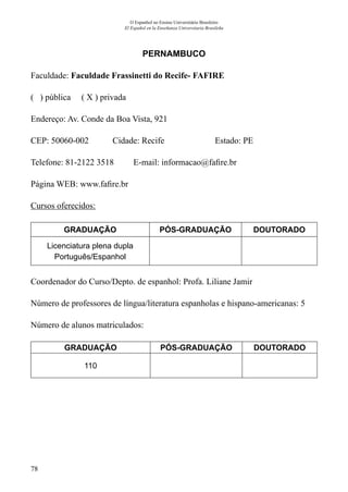 78
O Espanhol no Ensino Universitário Brasileiro
El Español en la Enseñanza Universitaria Brasileña
PERNAMBUCO
Faculdade: Faculdade Frassinetti do Recife- FAFIRE
( ) pública ( X ) privada
Endereço: Av. Conde da Boa Vista, 921
CEP: 50060-002	 Cidade: Recife	 Estado: PE
Telefone: 81-2122 3518 E-mail: informacao@fafire.br
Página WEB: www.fafire.br
Cursos oferecidos:
GRADUAÇÃO PÓS-GRADUAÇÃO DOUTORADO
Licenciatura plena dupla
Português/Espanhol
Coordenador do Curso/Depto. de espanhol: Profa. Liliane Jamir
Número de professores de língua/literatura espanholas e hispano-americanas: 5
Número de alunos matriculados:
GRADUAÇÃO PÓS-GRADUAÇÃO DOUTORADO
110
 