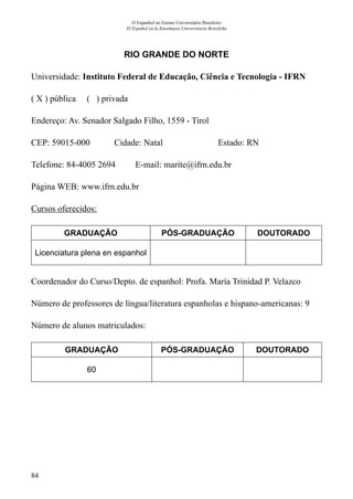 84
O Espanhol no Ensino Universitário Brasileiro
El Español en la Enseñanza Universitaria Brasileña
RIO GRANDE DO NORTE
Universidade: Instituto Federal de Educação, Ciência e Tecnologia - IFRN
( X ) pública ( ) privada
Endereço: Av. Senador Salgado Filho, 1559 - Tirol
CEP: 59015-000	 Cidade: Natal	 Estado: RN
Telefone: 84-4005 2694 E-mail: marite@ifrn.edu.br
Página WEB: www.ifrn.edu.br
Cursos oferecidos:
GRADUAÇÃO PÓS-GRADUAÇÃO DOUTORADO
Licenciatura plena en espanhol
Coordenador do Curso/Depto. de espanhol: Profa. María Trinidad P. Velazco
Número de professores de língua/literatura espanholas e hispano-americanas: 9
Número de alunos matriculados:
GRADUAÇÃO PÓS-GRADUAÇÃO DOUTORADO
60
 