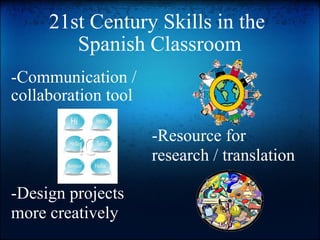 21st Century Skills in the  Spanish Classroom -Communication / collaboration tool -Resource for research / translation -Design projects more creatively 