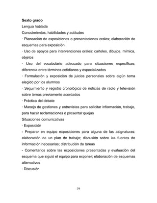 Sexto grado
Lengua hablada
Conocimientos, habilidades y actitudes
· Planeación de exposiciones o presentaciones orales; elaboración de
esquemas para exposición
· Uso de apoyos para intervenciones orales: carteles, dibujos, mímica,
objetos
· Uso del vocabulario adecuado para situaciones específicas:
diferencia entre términos cotidianos y especializados
· Formulación y exposición de juicios personales sobre algún tema
elegido por los alumnos
· Seguimiento y registro cronológico de noticias de radio y televisión
sobre temas previamente acordados
· Práctica del debate
· Manejo de gestiones y entrevistas para solicitar información, trabajo,
para hacer reclamaciones o presentar quejas
Situaciones comunicativas
· Exposición
- Preparar en equipo exposiciones para alguna de las asignaturas:
elaboración de un plan de trabajo; discusión sobre las fuentes de
información necesarias; distribución de tareas
- Comentarios sobre las exposiciones presentadas y evaluación del
esquema que siguió el equipo para exponer; elaboración de esquemas
alternativos
· Discusión




                                   39
 
