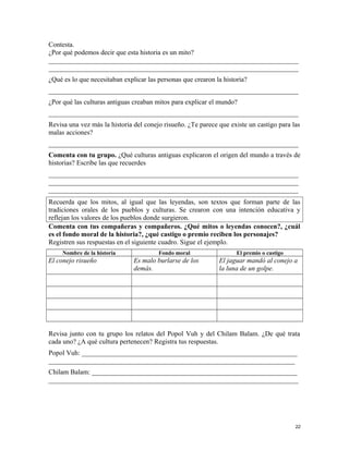 Contesta.
¿Por qué podemos decir que esta historia es un mito?
_________________________________________________________________________
_________________________________________________________________________
¿Qué es lo que necesitaban explicar las personas que crearon la historia?
_________________________________________________________________________
¿Por qué las culturas antiguas creaban mitos para explicar el mundo?
_________________________________________________________________________
Revisa una vez más la historia del conejo risueño. ¿Te parece que existe un castigo para las
malas acciones?
_________________________________________________________________________
Comenta con tu grupo. ¿Qué culturas antiguas explicaron el origen del mundo a través de
historias? Escribe las que recuerdes
_________________________________________________________________________
_________________________________________________________________________
_________________________________________________________________________
Recuerda que los mitos, al igual que las leyendas, son textos que forman parte de las
tradiciones orales de los pueblos y culturas. Se crearon con una intención educativa y
reflejan los valores de los pueblos donde surgieron.
Comenta con tus compañeras y compañeros. ¿Qué mitos o leyendas conocen?, ¿cuál
es el fondo moral de la historia?, ¿qué castigo o premio reciben los personajes?
Registren sus respuestas en el siguiente cuadro. Sigue el ejemplo.
Nombre de la historia Fondo moral El premio o castigo
El conejo risueño Es malo burlarse de los
demás.
El jaguar mandó al conejo a
la luna de un golpe.
Revisa junto con tu grupo los relatos del Popol Vuh y del Chilam Balam. ¿De qué trata
cada uno? ¿A qué cultura pertenecen? Registra tus respuestas.
Popol Vuh: _______________________________________________________________
________________________________________________________________________
Chilam Balam: ____________________________________________________________
_________________________________________________________________________
22
 