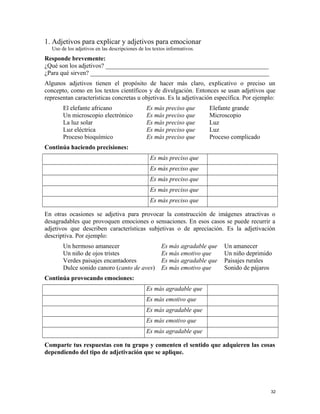 1. Adjetivos para explicar y adjetivos para emocionar
Uso de los adjetivos en las descripciones de los textos informativos.
Responde brevemente:
¿Qué son los adjetivos? ____________________________________________________
¿Para qué sirven? _________________________________________________________
Algunos adjetivos tienen el propósito de hacer más claro, explicativo o preciso un
concepto, como en los textos científicos y de divulgación. Entonces se usan adjetivos que
representan características concretas u objetivas. Es la adjetivación específica. Por ejemplo:
El elefante africano Es más preciso que Elefante grande
Un microscopio electrónico Es más preciso que Microscopio
La luz solar Es más preciso que Luz
Luz eléctrica Es más preciso que Luz
Proceso bioquímico Es más preciso que Proceso complicado
Continúa haciendo precisiones:
Es más preciso que
Es más preciso que
Es más preciso que
Es más preciso que
Es más preciso que
En otras ocasiones se adjetiva para provocar la construcción de imágenes atractivas o
desagradables que provoquen emociones o sensaciones. En esos casos se puede recurrir a
adjetivos que describen características subjetivas o de apreciación. Es la adjetivación
descriptiva. Por ejemplo:
Un hermoso amanecer Es más agradable que Un amanecer
Un niño de ojos tristes Es más emotivo que Un niño deprimido
Verdes paisajes encantadores Es más agradable que Paisajes rurales
Dulce sonido canoro (canto de aves) Es más emotivo que Sonido de pájaros
Continúa provocando emociones:
Es más agradable que
Es más emotivo que
Es más agradable que
Es más emotivo que
Es más agradable que
Comparte tus respuestas con tu grupo y comenten el sentido que adquieren las cosas
dependiendo del tipo de adjetivación que se aplique.
32
 