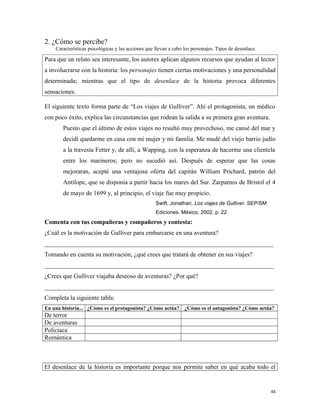 2. ¿Cómo se percibe?
Características psicológicas y las acciones que llevan a cabo los personajes. Tipos de desenlace.
Para que un relato sea interesante, los autores aplican algunos recursos que ayudan al lector
a involucrarse con la historia: los personajes tienen ciertas motivaciones y una personalidad
determinada; mientras que el tipo de desenlace de la historia provoca diferentes
sensaciones.
El siguiente texto forma parte de “Los viajes de Gulliver”. Ahí el protagonista, un médico
con poco éxito, explica las circunstancias que rodean la salida a su primera gran aventura.
Puesto que el último de estos viajes no resultó muy provechoso, me cansé del mar y
decidí quedarme en casa con mi mujer y mi familia. Me mudé del viejo barrio judío
a la travesía Fetter y, de allí, a Wapping, con la esperanza de hacerme una clientela
entre los marineros; pero no sucedió así. Después de esperar que las cosas
mejoraran, acepté una ventajosa oferta del capitán William Prichard, patrón del
Antílope, que se disponía a partir hacia los mares del Sur. Zarpamos de Bristol el 4
de mayo de 1699 y, al principio, el viaje fue muy propicio.
Swift, Jonathan. Los viajes de Gulliver. SEP/SM
Ediciones. México, 2002. p. 22.
Comenta con tus compañeras y compañeros y contesta:
¿Cuál es la motivación de Gulliver para embarcarse en una aventura?
_________________________________________________________________________
Tomando en cuenta su motivación, ¿qué crees que tratará de obtener en sus viajes?
_________________________________________________________________________
¿Crees que Gulliver viajaba deseoso de aventuras? ¿Por qué?
_________________________________________________________________________
Completa la siguiente tabla:
En una historia... ¿Cómo es el protagonista? ¿Cómo actúa? ¿Cómo es el antagonista? ¿Cómo actúa?
De terror
De aventuras
Policiaca
Romántica
El desenlace de la historia es importante porque nos permite saber en qué acaba todo el
45
 