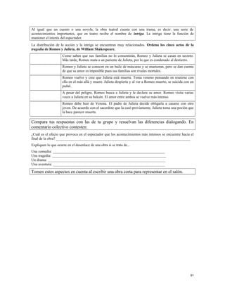 Al igual que un cuento o una novela, la obra teatral cuenta con una trama, es decir: una serie de
acontecimientos importantes, que en teatro recibe el nombre de intriga. La intriga tiene la función de
mantener el interés del espectador.
La distribución de la acción y la intriga se encuentran muy relacionados. Ordena los cinco actos de la
tragedia de Romeo y Julieta, de William Shakespeare.
Como saben que sus familias no lo consentirán, Romeo y Julieta se casan en secreto.
Más tarde, Romeo mata a un pariente de Julieta, por lo que es condenado al destierro.
Romeo y Julieta se conocen en un baile de máscaras y se enamoran, pero se dan cuenta
de que su amor es imposible pues sus familias son rivales mortales.
Romeo vuelve y cree que Julieta está muerta. Toma veneno pensando en reunirse con
ella en el más allá y muere. Julieta despierta y al ver a Romeo muerto, se suicida con un
puñal.
A pesar del peligro, Romeo busca a Julieta y le declara su amor. Romeo visita varias
veces a Julieta en su balcón. El amor entre ambos se vuelve más intenso.
Romeo debe huir de Verona. El padre de Julieta decide obligarla a casarse con otro
joven. De acuerdo con el sacerdote que la casó previamente, Julieta toma una poción que
la hace parecer muerta.
Compara tus respuestas con las de tu grupo y resuelvan las diferencias dialogando. En
comentario colectivo contesten:
¿Cuál es el efecto que provoca en el espectador que los acontecimientos más intensos se encuentre hacia el
final de la obra? _________________________________________________________________________
Expliquen lo que ocurre en el desenlace de una obra si se trata de...
Una comedia: _____________________________________________________________
Una tragedia: ______________________________________________________________
Un drama: ________________________________________________________________
Una aventura: _____________________________________________________________
Tomen estos aspectos en cuenta al escribir una obra corta para representar en el salón.
91
 