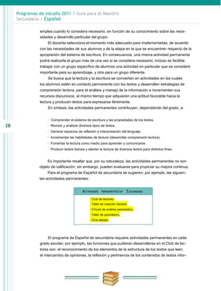 Programas de estudio 2011 / Guía para el Maestro
     Secundaria / Español

               emplea cuando lo considera necesario, en función de su conocimiento sobre las nece-
               sidades y desarrollo particular del grupo.
                   El docente selecciona el momento más adecuado para implementarlas, de acuerdo
               con las necesidades de sus alumnos y de la etapa en la que se encuentren respecto de la
               apropiación del sistema de escritura. En consecuencia, una misma actividad permanente
               podrá realizarla el grupo más de una vez si se considera necesario, incluso es factible
               trabajar con un grupo específico de alumnos una actividad en particular que se considere
               importante para su aprendizaje, y otra para un grupo diferente.
                   Se busca que la lectura y la escritura se conviertan en actividades en las cuales
               los alumnos estén en contacto permanente con los textos y desarrollen estrategias de
               comprensión lectora, para el análisis y manejo de la información e incrementen sus
               recursos discursivos, al mismo tiempo que adquieren una actitud favorable hacia la
               lectura y producen textos para expresarse libremente.
                   En síntesis, las actividades permanentes contribuyen, dependiendo del grado, a:


                   · Comprender el sistema de escritura y las propiedades de los textos.
28                 · Revisar y analizar diversos tipos de textos.
                   · Generar espacios de reflexión e interpretación del lenguaje.
                   · Incrementar las habilidades de lectura (desarrollar comprensión lectora).
                   · Fomentar la lectura como medio para aprender y comunicarse.
                   · Producir textos breves y alentar la lectura de diversos textos para distintos fines.


                    Es importante resaltar que, por su naturaleza, las actividades permanentes no son
               objeto de calificación; sin embargo, pueden evaluarse para propiciar su mejora continua.
                   Para el programa de Español de secundaria se sugieren, por ejemplo, las siguien-
               tes actividades permanentes:


                                          ACTIVIDADES    PERMANENTES EN       S ECUNDARIA

                                                · Club de lectores.
                                                · Taller de creación literaria.
                                                · Círculo de análisis periodístico.
                                                · Taller de periodismo.
                                                · Cine debate.




                   El programa de Español de secundaria requiere actividades permanentes en cada
               grado escolar; por ejemplo, las funciones que pudieran desarrollarse en el Club de lec-
               tores son: el reconocimiento de los elementos de la estructura de los textos que leen,
               el intercambio de opiniones, la reflexión y pertinencia de los contenidos de textos infor-
 