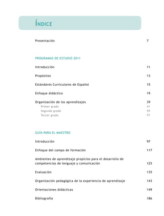 Í ndice

Presentación                                               7




PROGRAMAS DE ESTUDIO 2011

Introducción                                               11

Propósitos                                                 13

Estándares Curriculares de Español                         15

Enfoque didáctico                                          19

Organización de los aprendizajes                           39
   Primer grado                                            41
   Segundo grado                                           59
   Tercer grado                                            77




GUÍA PARA EL MAESTRO

Introducción                                               97

Enfoque del campo de formación                             117

Ambientes de aprendizaje propicios para el desarrollo de
competencias de lenguaje y comunicación                    125

Evaluación                                                 135

Organización pedagógica de la experiencia de aprendizaje   143

Orientaciones didácticas                                   149

Bibliografía                                               186
 