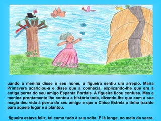 uando a menina disse o seu nome, a figueira sentiu um arrepio. Maria
Primavera acariciou-a e disse que a conhecia, explicando-lhe que era a
antiga perna do seu amigo Espanta Pardais. A figueira ficou confusa. Mas a
menina prontamente lhe contou a história toda, dizendo-lhe que com a sua
magia deu vida à perna do seu amigo e que o Chico Estrela a tinha trazido
para aquele lugar e a plantou.

figueira estava feliz, tal como tudo à sua volta. E lá longe, no meio da seara,
 