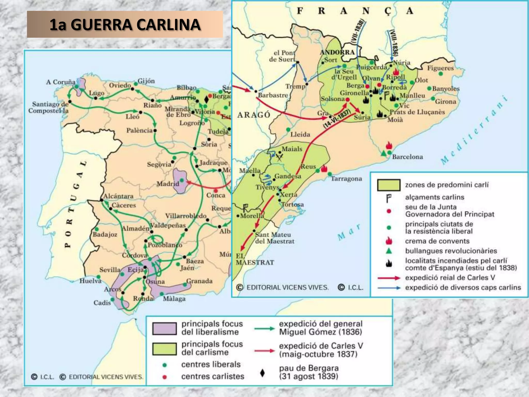 5. ISABEL II. MONARQUIA PARLAMENTÀRIAEl regnatd’Isabel II186818331840ISABEL IIMONARQUIA PARLAMENTÀRIADisputes entre CarlinsiIsabelins1833-1840GuerraCarlistaDivisió entre elsliberals (isabelins)Moderatsiprogressistes