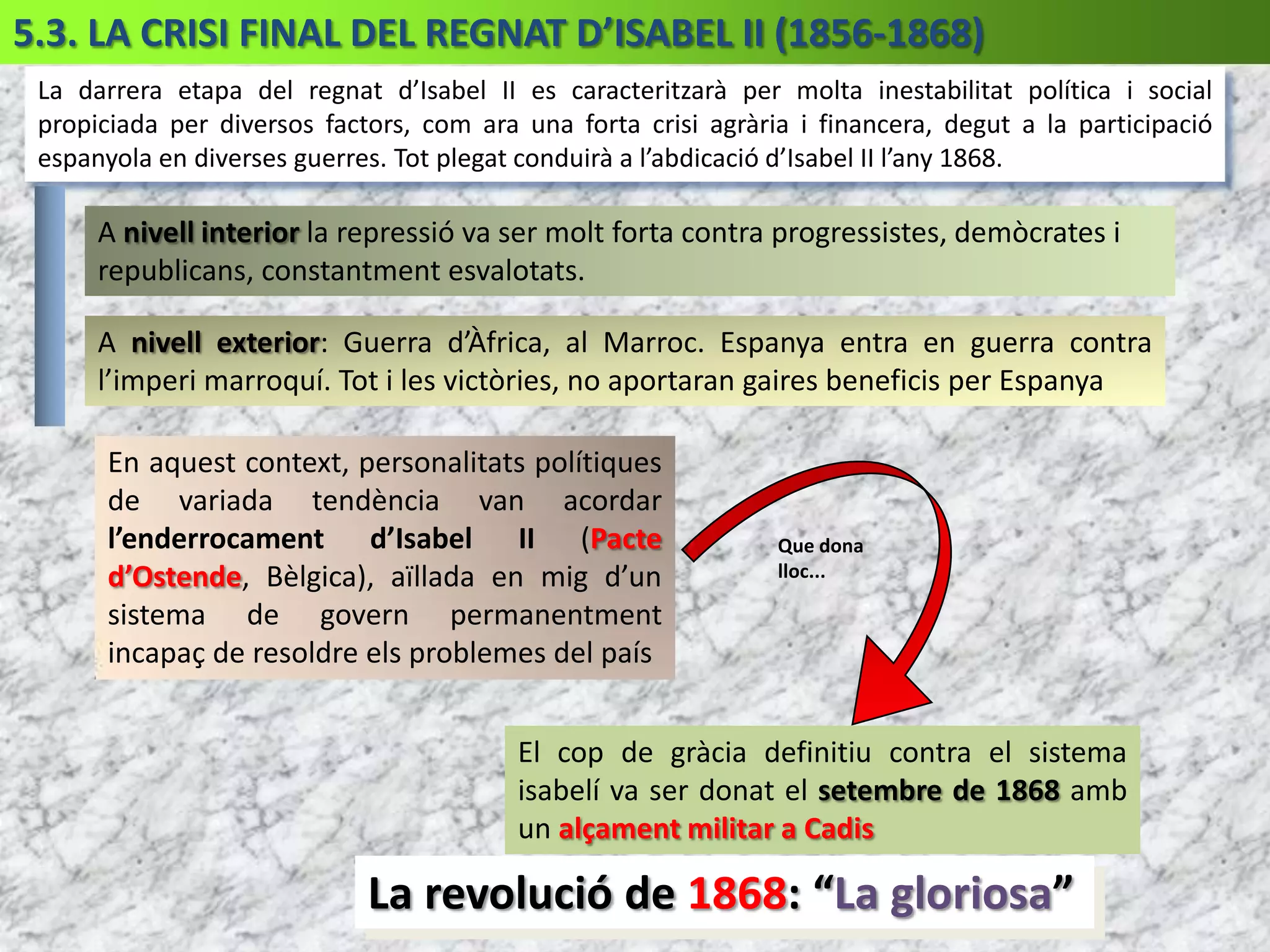  CLERGATMOTIU?MONARQUIADefensa del tro d’isabelDefensenLIBERALSMonarquia absoluta amb Manteniment dels privilegisEstamentals i molt religiososVan veure la possibilitat d’imposar les seves idees1840VICTÒRIA FINAL per...ISABELINS (LIBERALS)