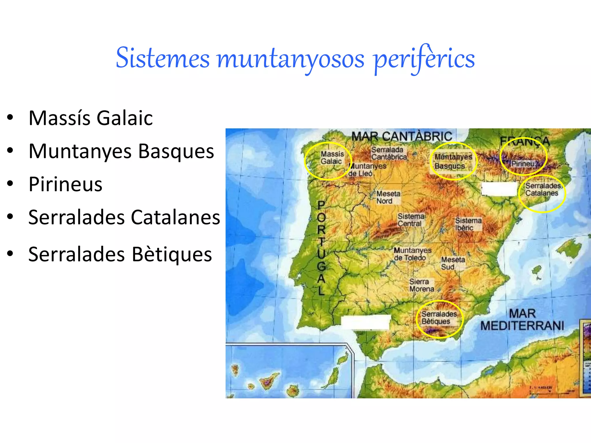 Sistemes muntanyosos perifèrics 
• Massís Galaic 
• Muntanyes Basques 
• Pirineus 
• Serralades Catalanes 
• Serralades Bètiques 
 